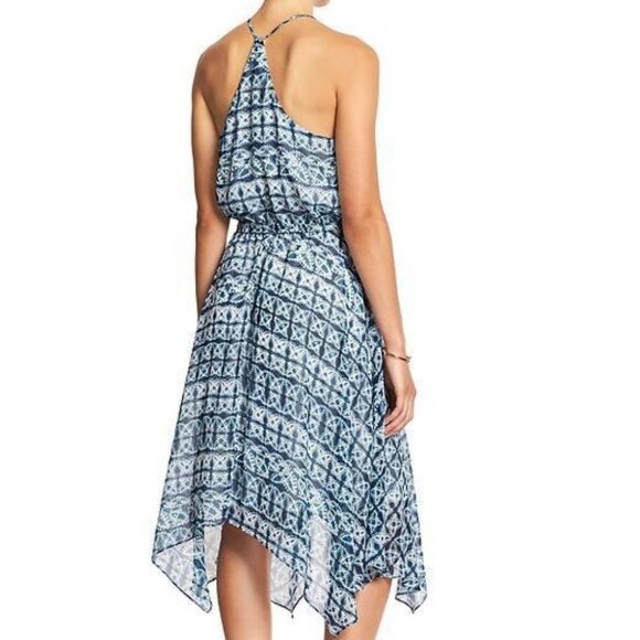 BLUE GEO CASUAL CAREER COCKTAIL HANDKERCHIEF DRESS - Picture 2 of 2